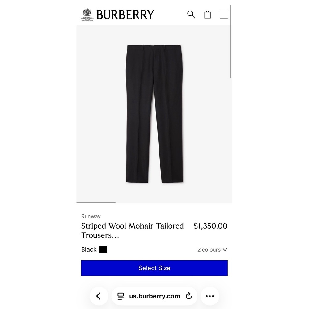 Burberry Mens Black Wool Mohair  Trousers with Satin Stripe NWT 36 W